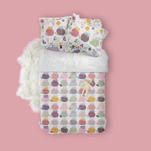 Colorful girls bedroom duvet cover with woodland hedgehogs. Cotton Bedding set with pillow case in twin duvet, full duvet & queen duvet size
