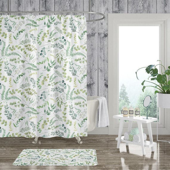 Leafy Green Botanical Shower Curtain Set - Floral Farmhouse Bath Decor - Mold Resistant, Quick Dry Fabric, Multiple Size Options