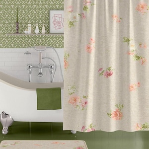 Shabby Chic Floral Shower Curtain - Antique Rose Design, Beige Farmhouse Bathroom Accessory - Mold Resistant, Quick Dry Fabric image 3