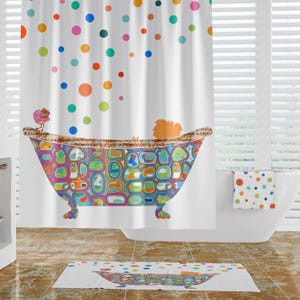 fun, whimsical colorful kids bathroom shower curtain set with bath mat and towels