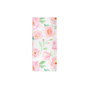 May include: A rectangular fabric piece featuring a white background with a repeating watercolor pattern of soft pink peonies and light green leaves. The floral design is distributed across the surface with varying sizes of blossoms and foliage.