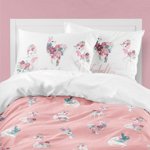 Floral Llama Duvet Cover Set: Pink Cotton Bedding with Personalized Pillowcase