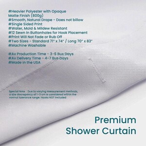 The image is a close-up of a shower curtain with a list of features and specifications for a premium shower curtain.