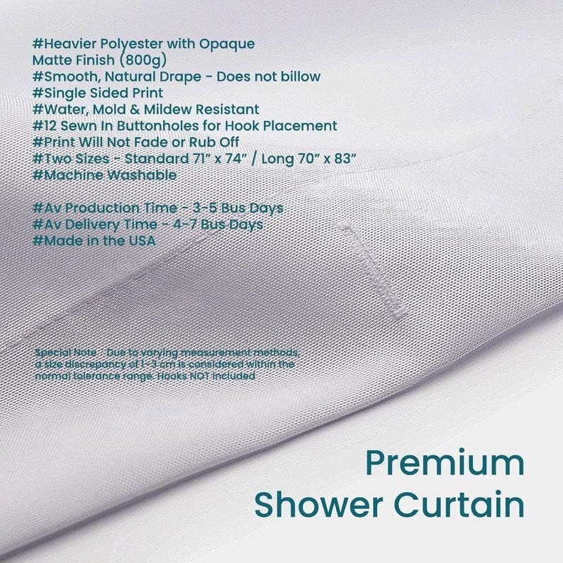 The image is a close-up of a shower curtain with a list of features and specifications for a premium shower curtain.
