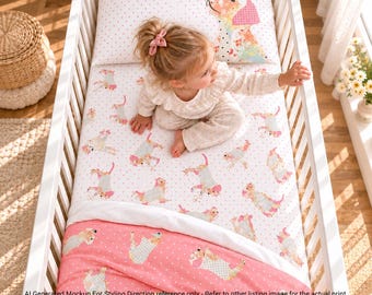 May include: A white crib sheet and pillowcase set featuring a repeating pattern of small pink and beige dogs with polka dots. The pillowcase displays a larger dog illustration. The set includes a solid pink blanket with white polka dots and dog motifs.