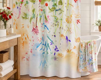 Watercolor Wildflower Shower Curtain: Artistic Floral Design - Waterproof Fabric, Machine Washable, Eco Dye Sublimation Print