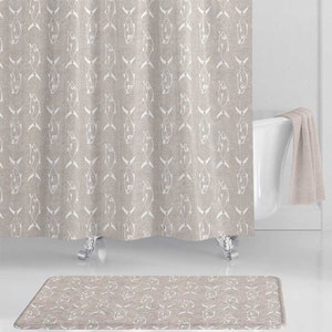 Coastal shower curtain for your neutral beach bathroom decor - fish design - water resistant fabric curtain with matching bath mat & towels