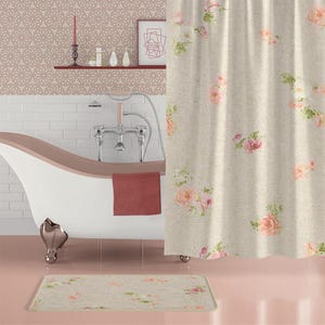 Shabby Chic Floral Shower Curtain - Antique Rose Design, Beige Farmhouse Bathroom Accessory - Mold Resistant, Quick Dry Fabric image 1