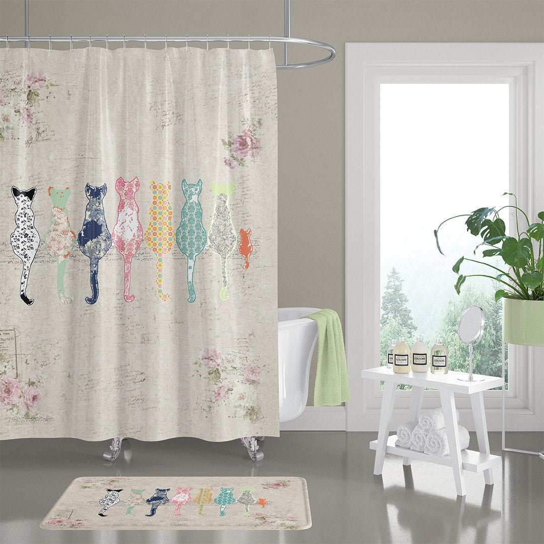Cat Shower Curtain Bathroom Set With Bath Mat Bath Towels Etsy