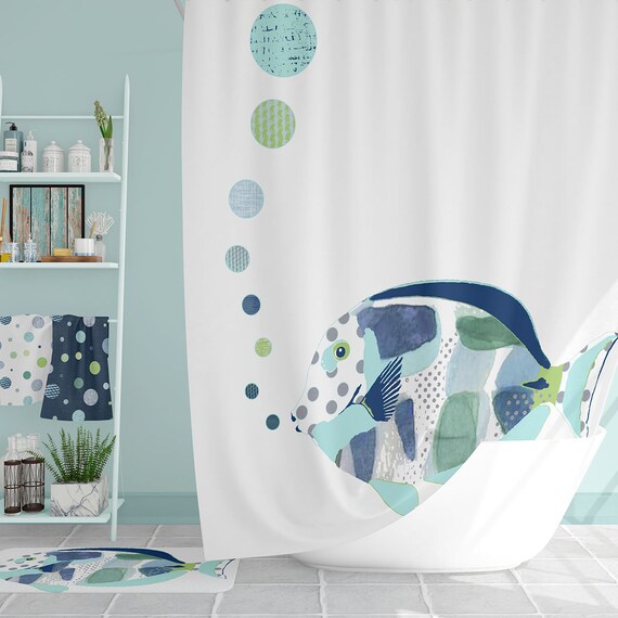 Blue Fish Shower Curtain - Abstract Oriental Print, Waterproof Polyester, 72x72 Inches With Hooks
