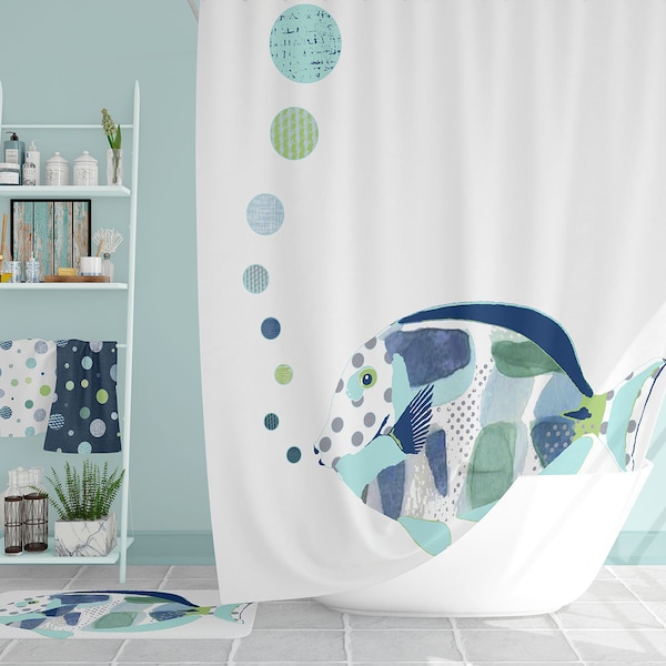 Premium Extra Long Nautical Blue Fish Shower Curtain For Kids - Water Repellent And Mold And Mildew Resistant. Optional Matching Bath Set