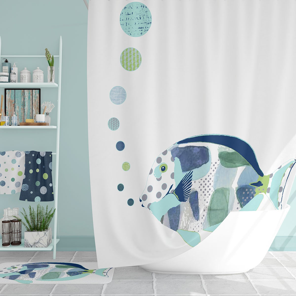 Premium Extra Long Nautical Blue Fish Shower Curtain for Kids