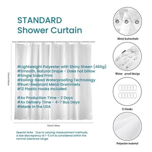 The image is a product description for an Ozscape Designs Standard shower curtain, featuring various features and specifications.