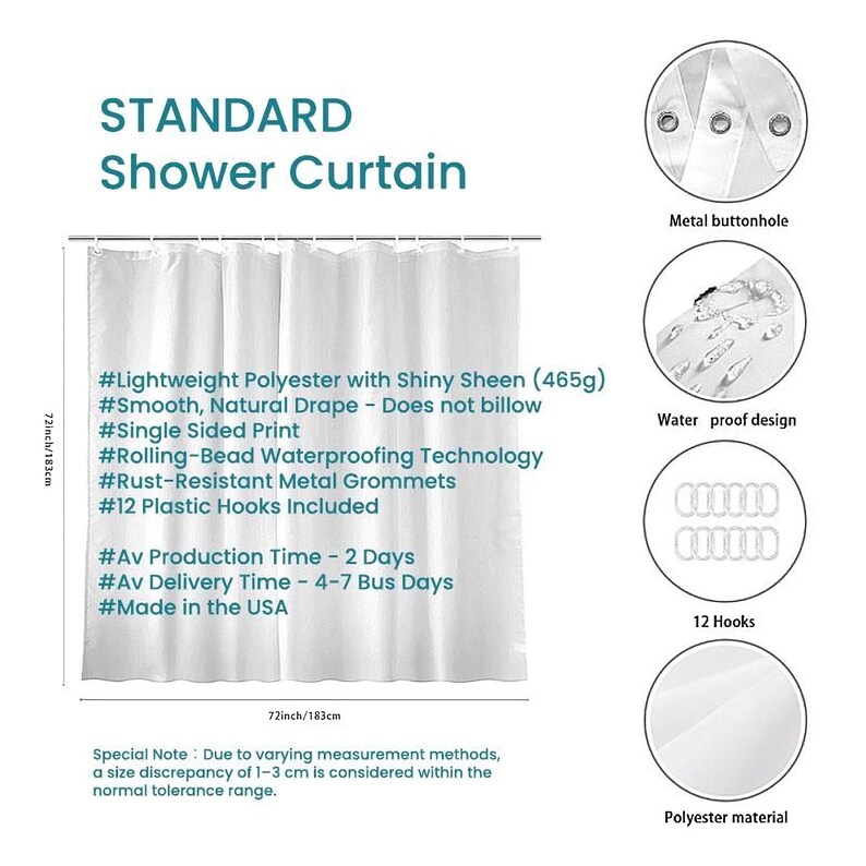 The image is a product description for an Ozscape Designs Standard shower curtain, featuring various features and specifications.