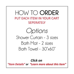 instructions on how to order items, including a shower curtain, bath mat, and bath towel. It also provides options for different sizes and dimensions. The instructions ask the user to put each item in their cart separately, and the image does not contain any descriptive text about the items.