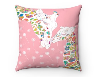 Pink Giraffe Pillow Cover Baby Girl Nursery, Whimsical Animal Design (14x14 to 20x20, Removable Cover, Durable Insert)