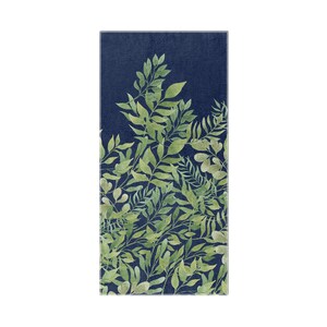 a dark blue background with a pattern of green leaves and branches.