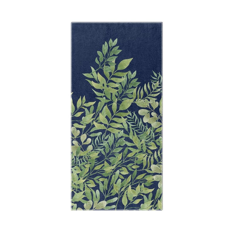 a dark blue background with a pattern of green leaves and branches.