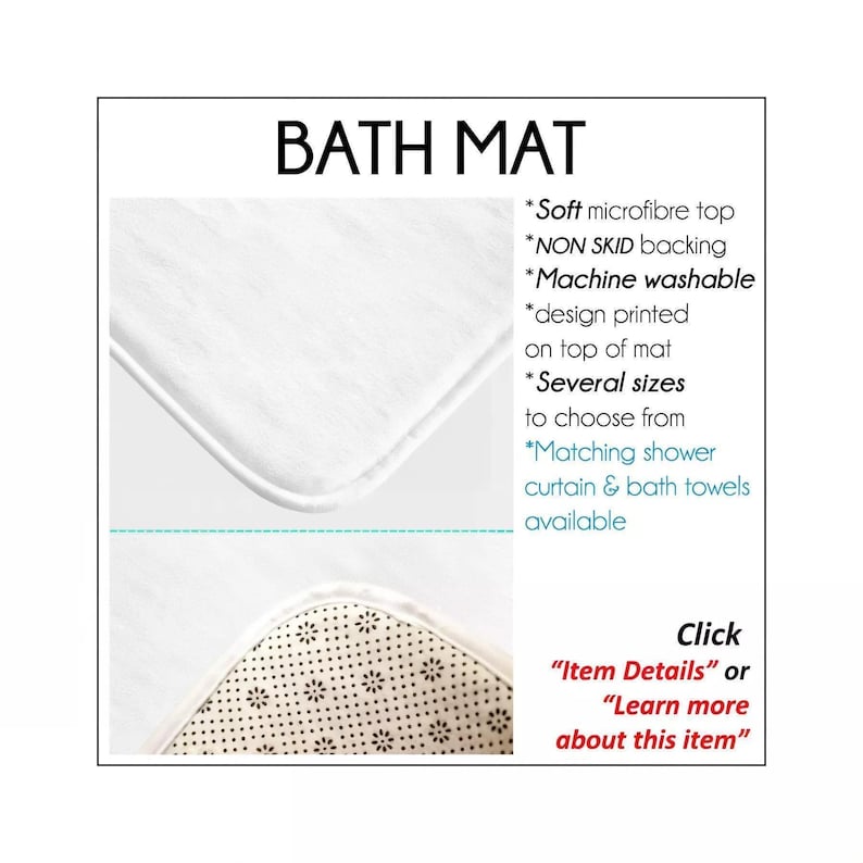 The image is a product detail explanation of an ozscape designs bath mat. It features a close-up of the mat, along with a description of its features, such as the soft microfibre top, non-skid backing, and machine washable design. The mat is available in several sizes, and it is designed to match shower curtains and bath towels. The advertisement also includes a call-to-action for customers to click on "Item Details" or "Learn more about this item" to learn more about the product.