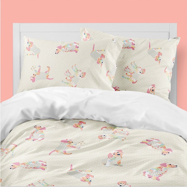 Toddler girl puppy dog beige bedding set with comforter or duvet cover, pillow case and toddler bed fitted sheet. Crib bedding set available