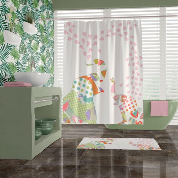 Pink Elephant Shower Curtain: Whimsical Patchwork Animal Kids Bath Decor