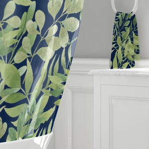 Navy Blue Leafy Shower Curtain: Tropical Watercolor Pattern, Eco-Friendly Fabric | Mold Resistant, Machine Washable | Multiple Sizes image 3