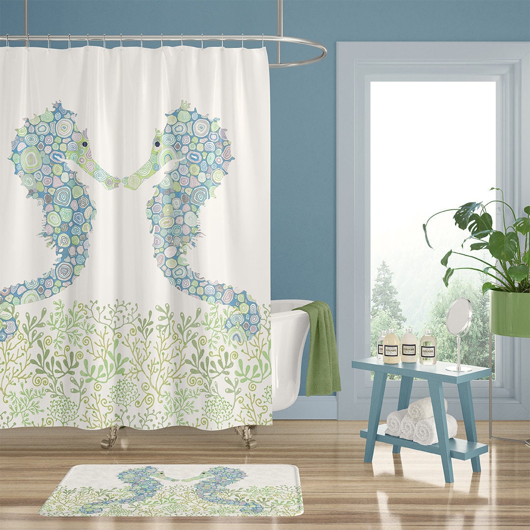 Kids Shower Curtain, Bath Mat and Bath Towel Set With Seahorse. Gender ...