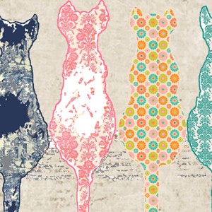May include: Four silhouette cat figures with different patterned designs. The cat on the left has a blue and white pattern, the next cat has a pink and white pattern, the third cat has a multi-colored floral pattern, and the last cat has a teal and white pattern.
