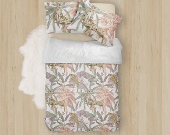 Pink Tropical Palm Duvet Cover – Leopard Print, Cotton Sateen Bedding