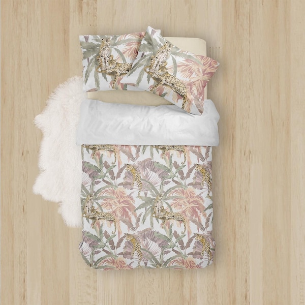 Pink Tropical Palm Duvet Cover – Leopard Print, Cotton Sateen Bedding