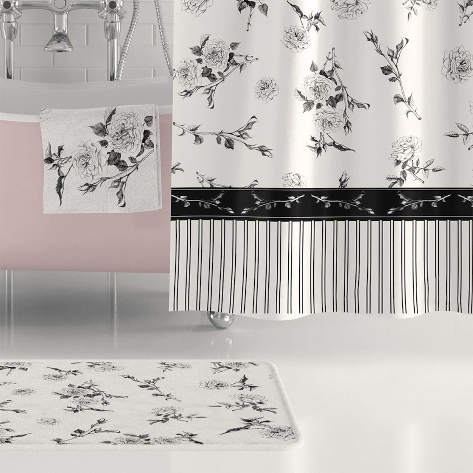 Black and White Floral Shower Curtain With Bath Mat. Floral Etsy