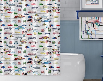 Colorful Cars Shower Curtain: Kids Bathroom Decor, Eco-Friendly Fabric (Waterproof)