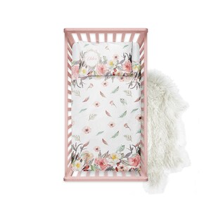 Boho Floral crib bedding and toddler duvet cover or comforter set with personalized pillow case and crib fitted sheet options.