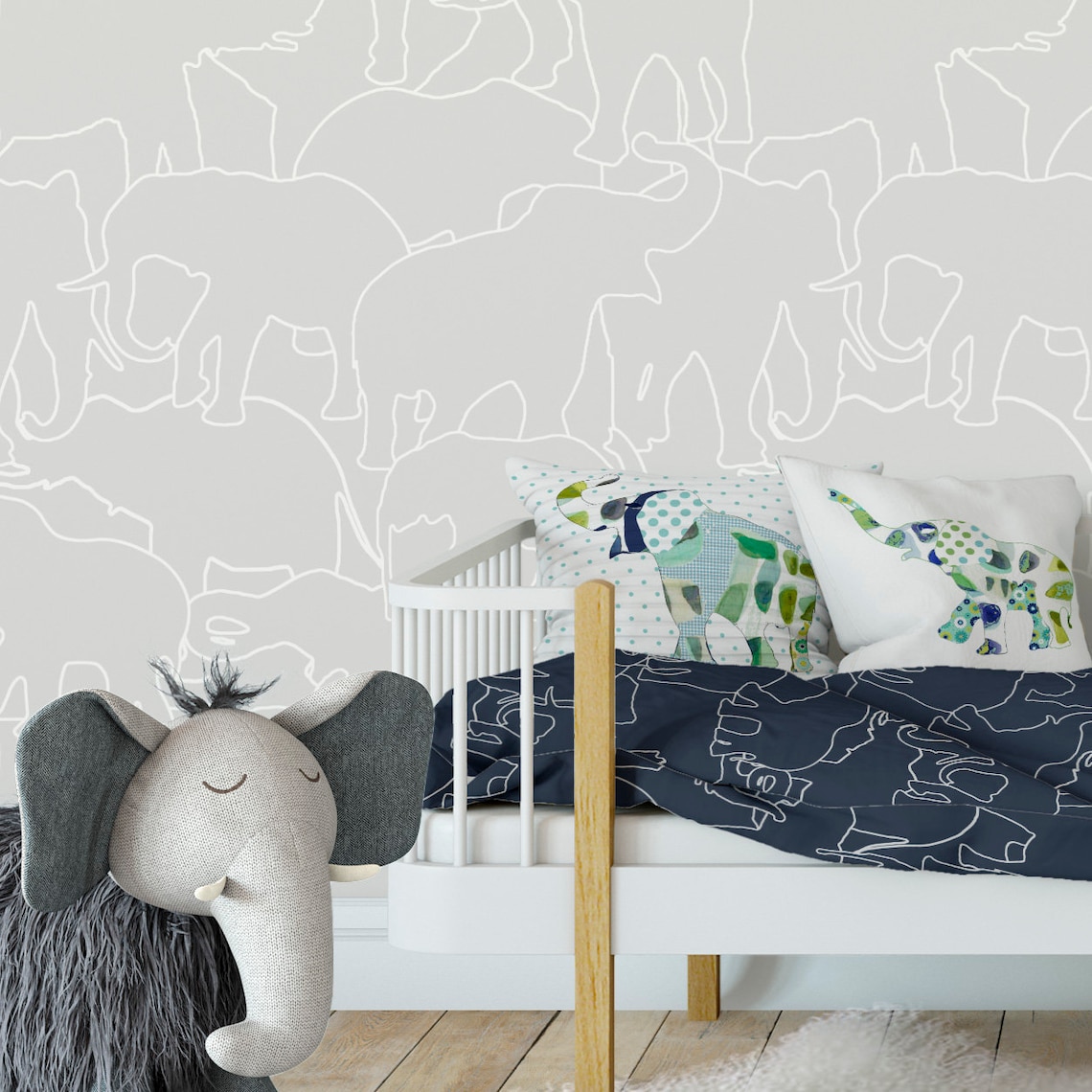 Gray elephant nursery wallpaper peel and stick for boys room | Etsy