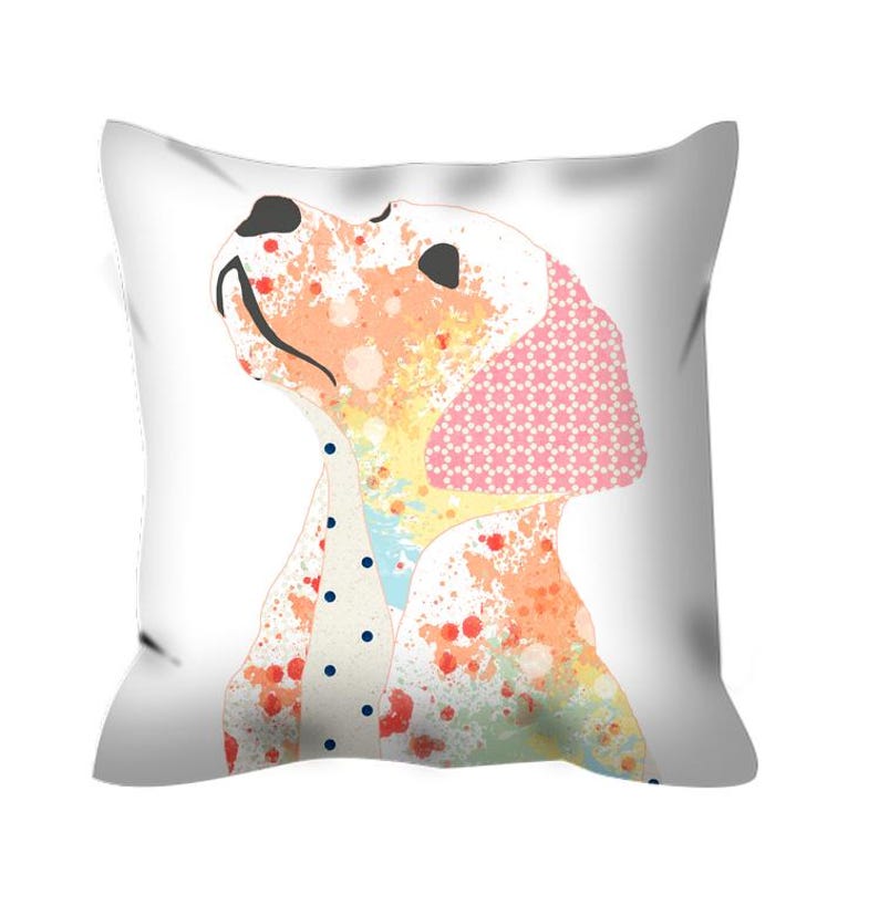 May include: A colorful, abstract illustration of a dog's head on a white pillow. The dog is made up of different patterns and colors, including pink, orange, yellow, and blue.