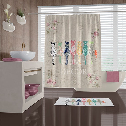 Cat Shower Curtains Shabby Chic Shower Curtain Cats Shower Etsy