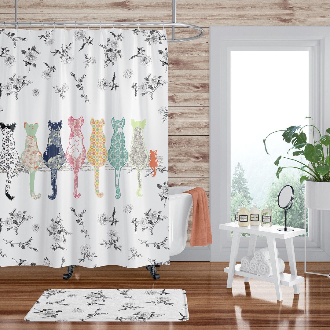 Kids Bathroom Shower Curtain Set With Cats and Roses. Farmhouse Cottage ...