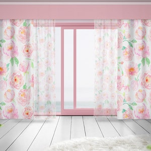 Pink peony watercolor floral window curtains - blackout curtain or sheer curtain option. Kids & living room decor curtain room divider