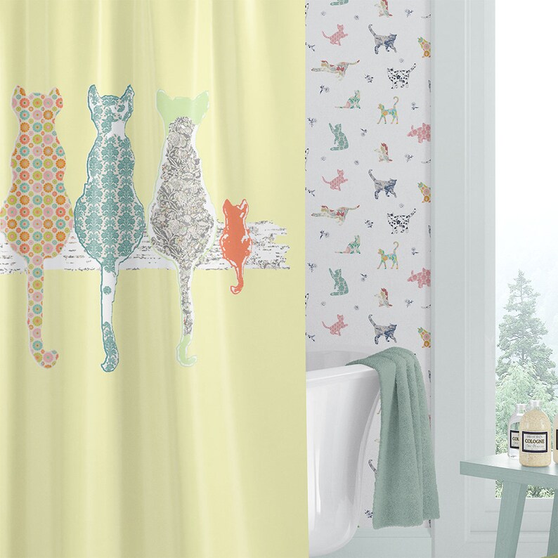 Cats Shower Curtain. Shabby Cottage Farmhouse Chic Yellow Etsy