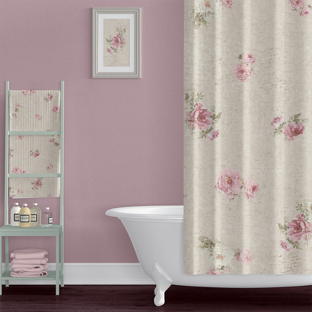 Shabby Chic Style Farmhouse Shower Curtain With Rose Floral 