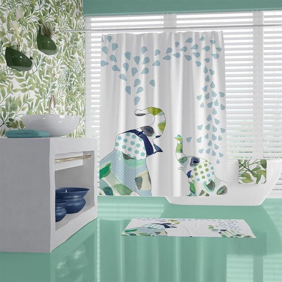 Fun Shower Curtain Kids Bathroom Jungle Elephant Theme, Green Blue Colors (Standard & Extra Long Sizes, Durable Polyester)
