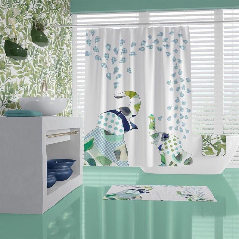 kids bathroom design shower curtain set with blue and green cute fun elephants print for boys and girls
