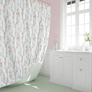 Floral Shower Curtain with pink and green Cactus flower print. Bathroom set with long Shower curtain & matching bath towels and bath mat.