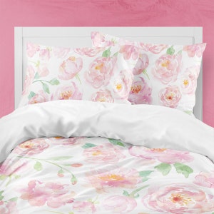 Pink peonie floral duvet cover for girls bedroom decor. Cotton Bedding set with pillow case in twin duvet, full duvet, queen duvet and king