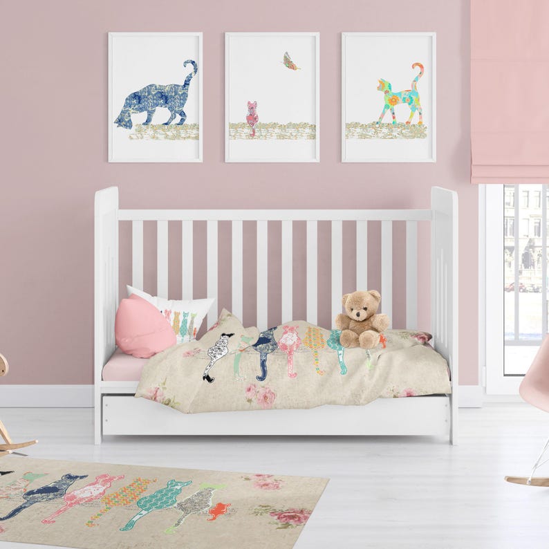 Cat Nursery Duvet Cover With Bed Pillows For Baby and Toddler Bedroom Decor: Soft Cotton, Machine Washable | Toddler Room Decor image 3