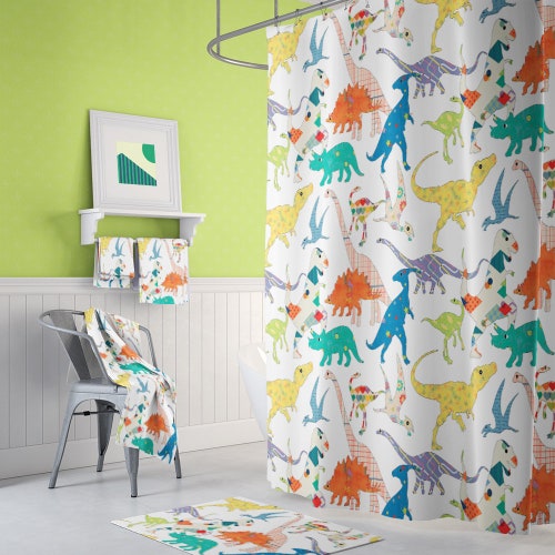 Opeoddie Funny Dinosaur Shower Curtain - 72x72 Inch, Black White Cartoon Dino, Water Repellent Polyester