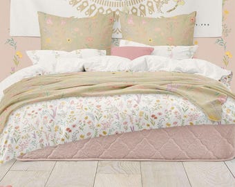 Boho Floral Cotton Sateen Duvet Cover Set: Farmhouse Inspired Bedding (Queen Size)