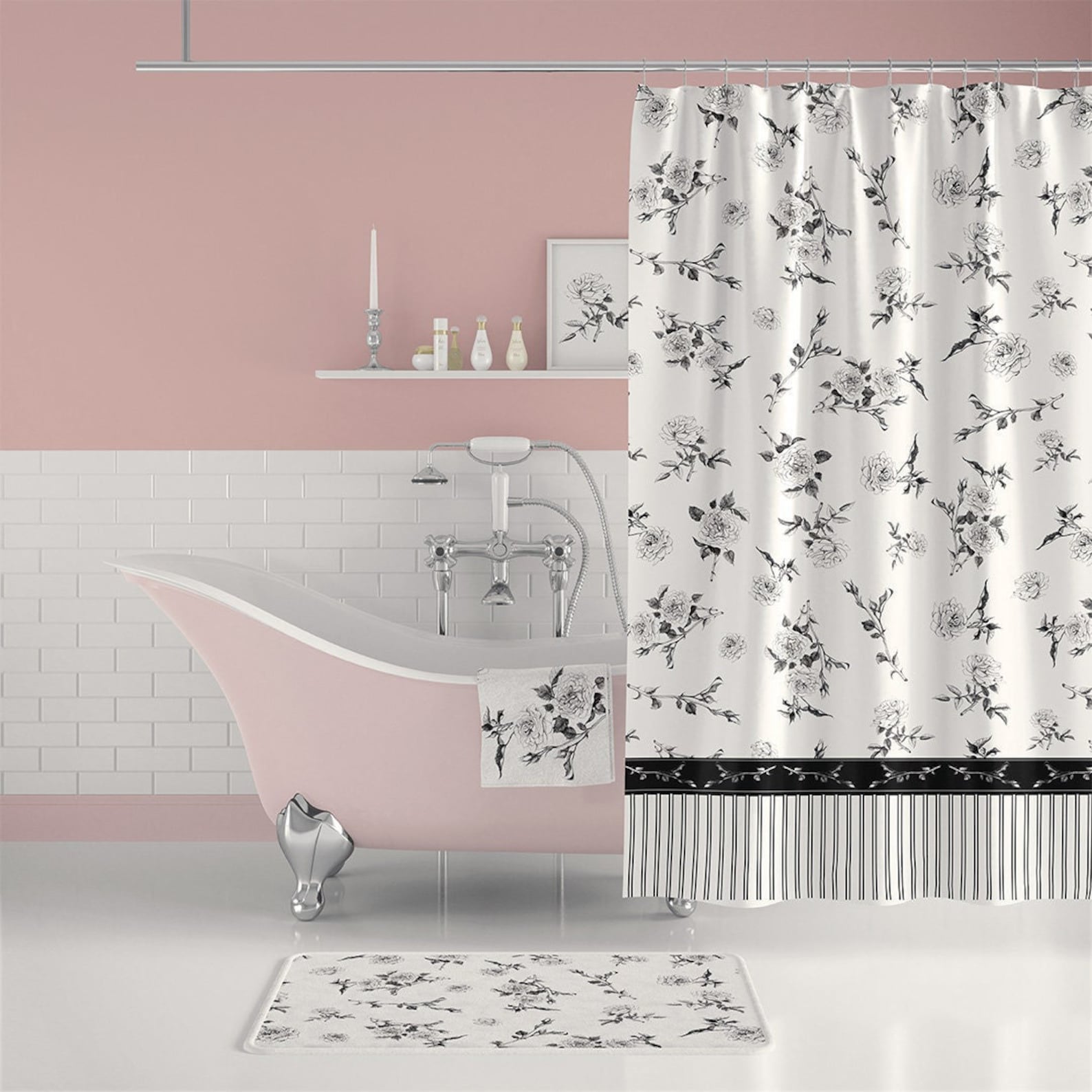Black and White Floral Shower Curtain With Bath Mat. Floral Etsy