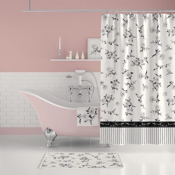 Black and White Floral Shower Curtain With Bath Mat. Floral Bath