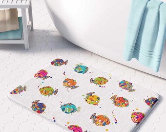 Kids Bath Mat - Colorful Fish Design Plush Rug - Soft Microfiber, Non-Slip Backing, Kids Bathroom Safety